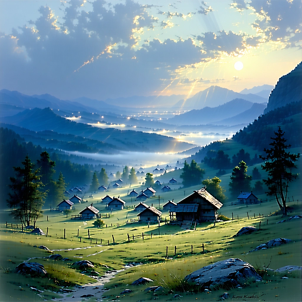 A wide, painterly landscape in the style of a feature animation background. Stable Diffusion XL with the right LoRA gives you control Midjourney won't.