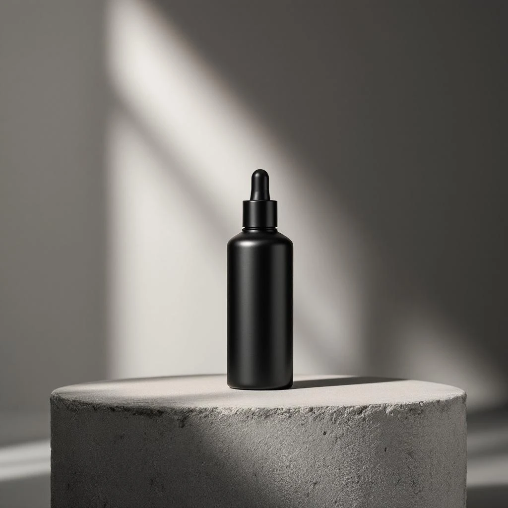 Clean, commercial-grade product photography with soft studio lighting and a quietly luxurious concrete surface. Works for skincare, electronics, or any premium SKU.